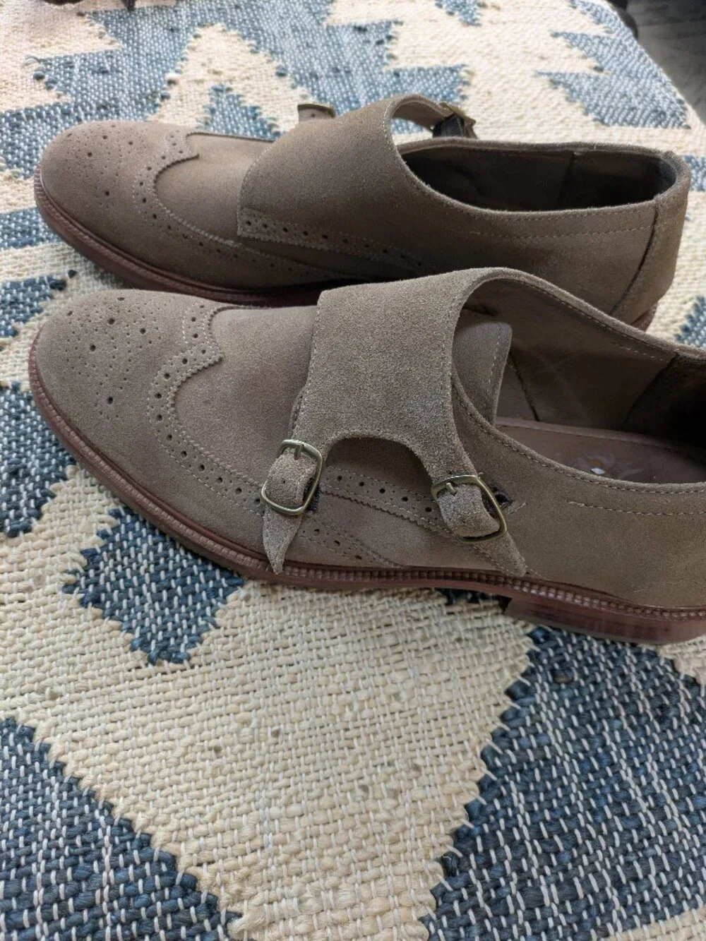 Trask taupe suede double monk strap wingtip shoes Size 10 Men's.